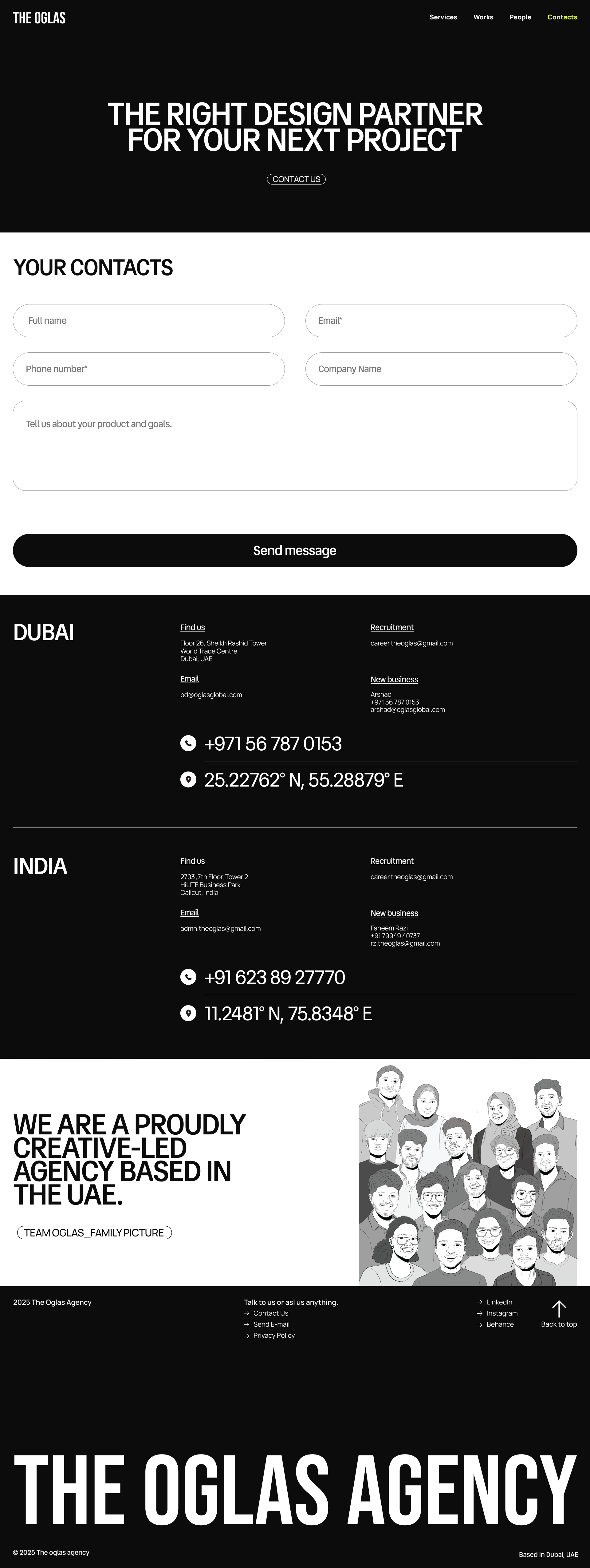 The Oglas Agency contact page design